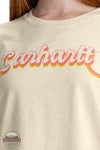 Carhartt 106833-A22 Women's TENCEL Fiber Series Loose Fit Short-Sleeve Script Graphic T-Shirt in Oak Milk Heather close up of image print on shirt