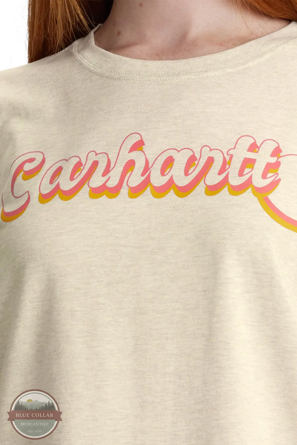 Carhartt 106833-A22 Women's TENCEL Fiber Series Loose Fit Short-Sleeve Script Graphic T-Shirt in Oak Milk Heather close up of image print on shirt