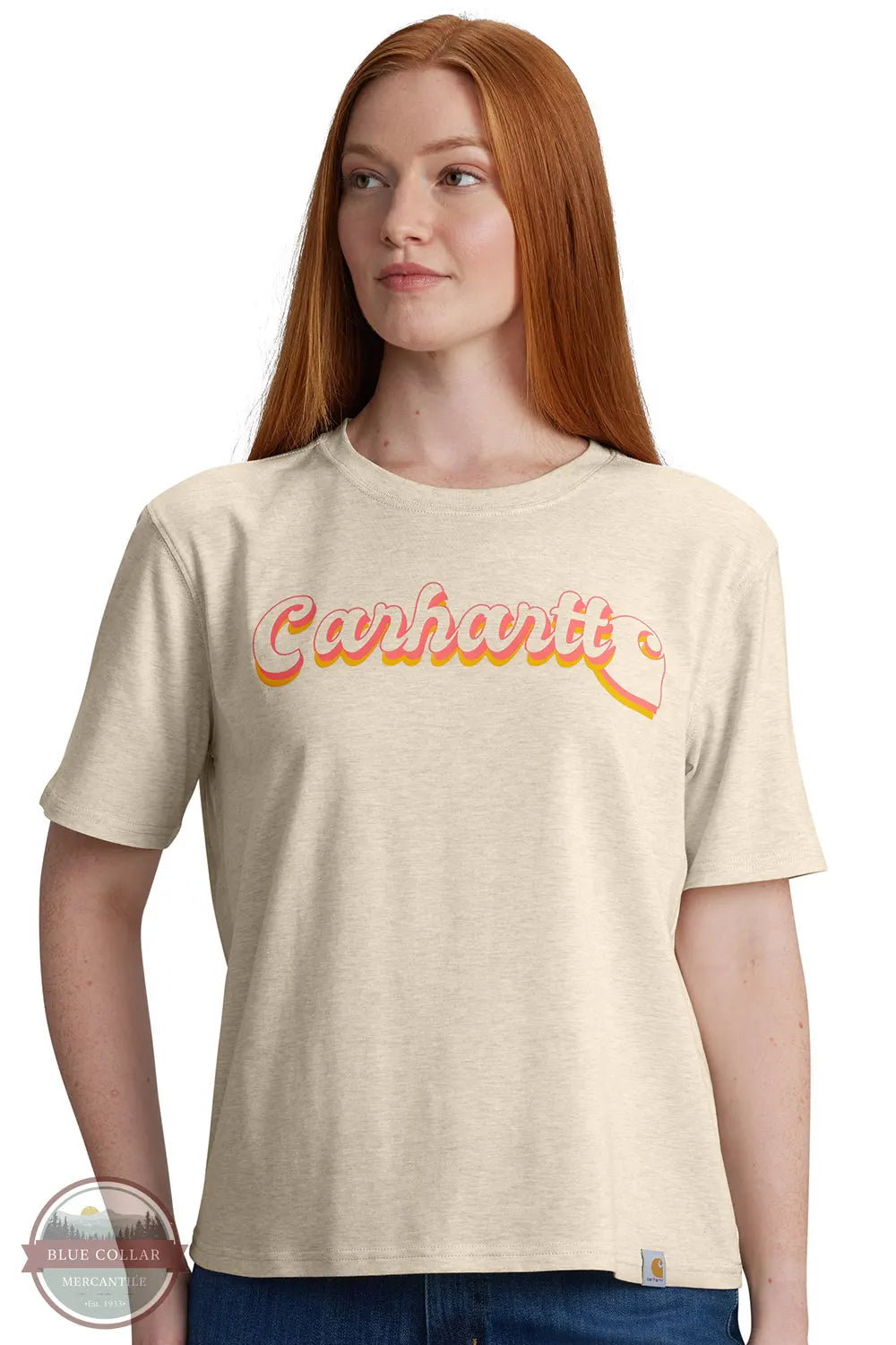 Carhartt 106833-A22 Women's TENCEL Fiber Series Loose Fit Short-Sleeve Script Graphic T-Shirt in Oak Milk Heather front on model view