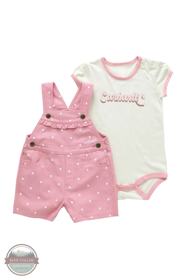 Carhartt&nbsp;CG9930-P34 Two-Piece Carhartt Print Onesies and Shortall Set in Pink, front