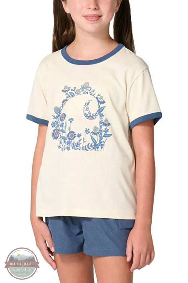 Carhartt CA7169-CA35 Girls Short Sleeve Floral Logo Ringer T-Shirt in Cream front view