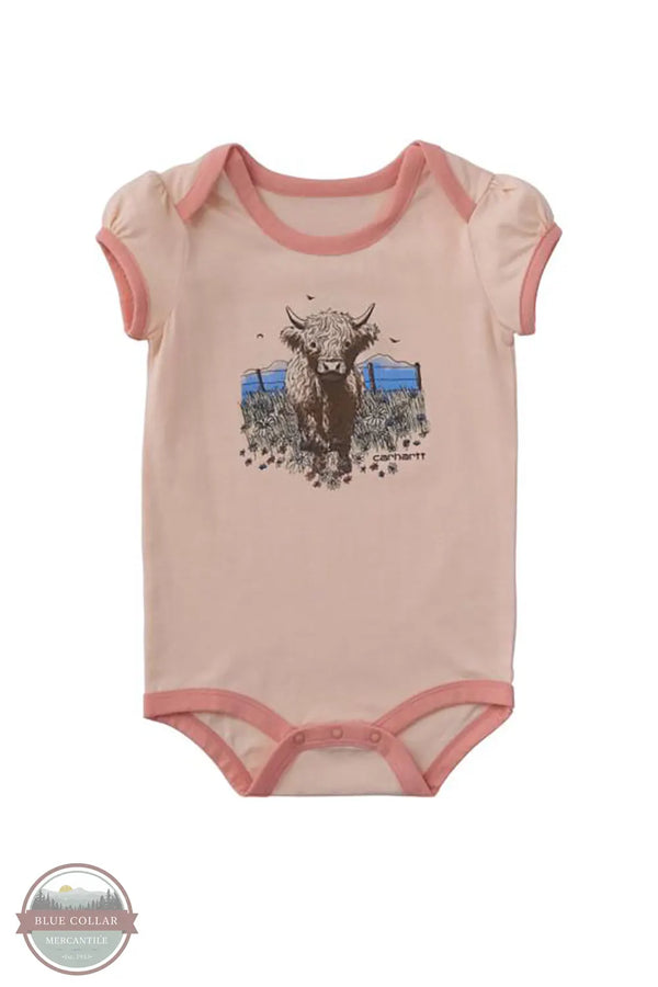 Carhartt CA7188-E801 Girls Short Sleeve Highland Cow Bodysuit in Peach front view