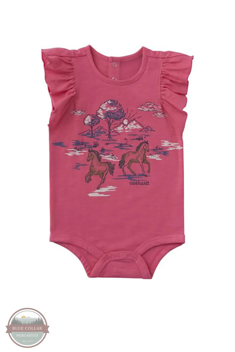 Carhartt CA7194-P391 Girls Short Ruffle Sleeve Horse Bodysuit in Pink front view