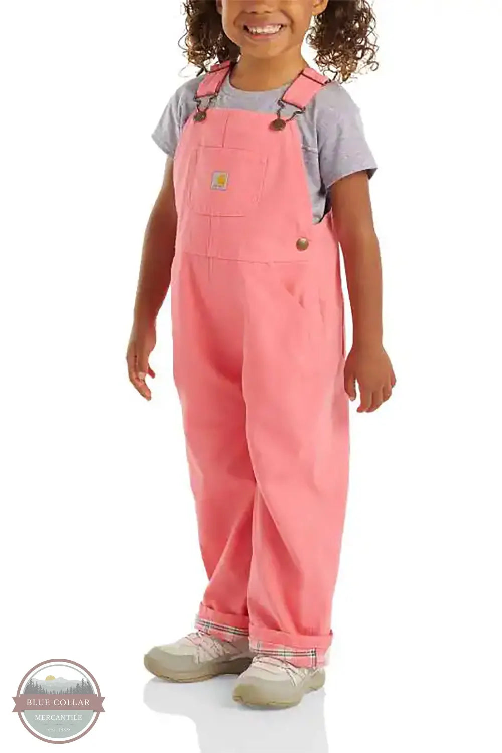 Carhartt CM9713 Girls Loose Fit Flannel-Lined Bib Overall in Pink on child