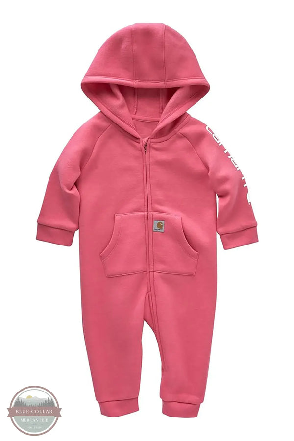 Carhartt CM9732-P391 Girls Fleece Zip Front Hooded Coverall in Pink front view