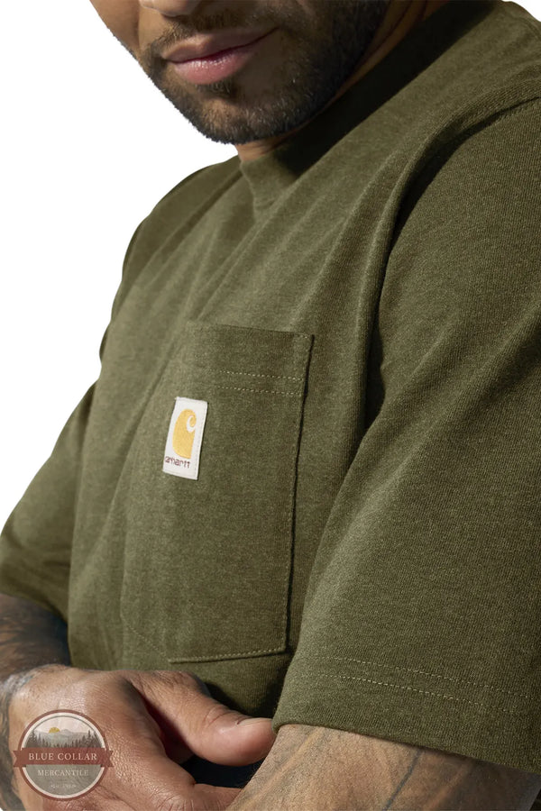 Carhartt K87 Loose Fit Heavyweight Short Sleeve Pocket T-Shirt Fall 25 sleeve detail view K87 GL8 Dark Bronzed Green Heather