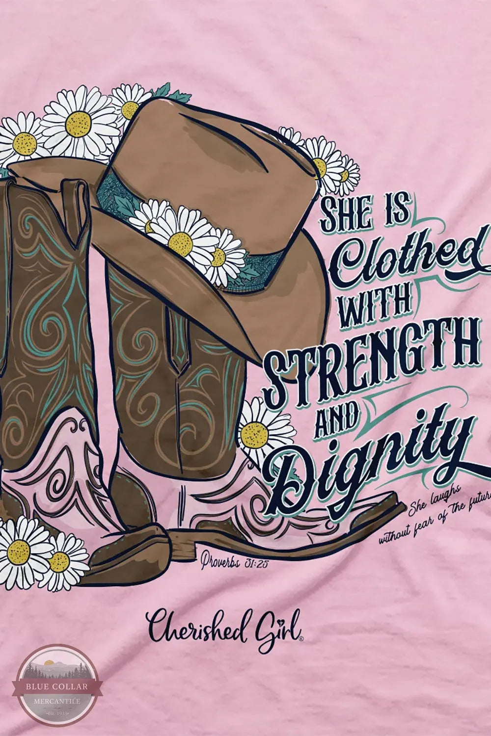 Kerusso CGA4557 Cherished Girl Women's Strength Boots T-Shirt in Pink close up of imprint on back of shirt