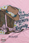 Kerusso CGA4557 Cherished Girl Women's Strength Boots T-Shirt in Pink close up of imprint on back of shirt