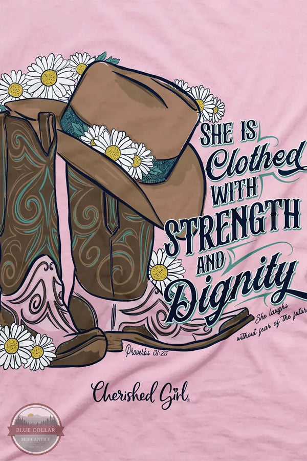Kerusso CGA4557 Cherished Girl Women's Strength Boots T-Shirt in Pink close up of imprint on back of shirt