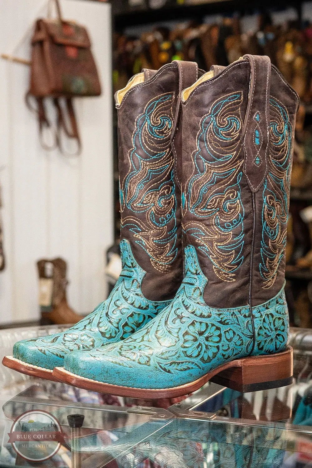 Cowtown Boots F451 Floral Hand Tooled Turquoise Square Toe Western Boot side by side view