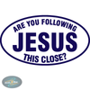 Are You Following Jesus This Close Christian vinyl decal on car window in Blue