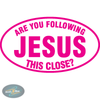 Are You Following Jesus This Close Christian vinyl decal on car window in Pink