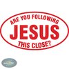 Are You Following Jesus This Close Christian vinyl decal on car window in Red