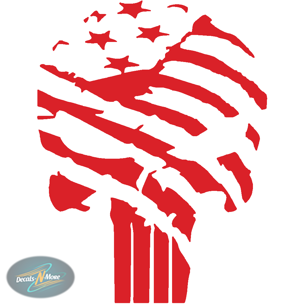 Skull with American flag vinyl decal on car window in Red