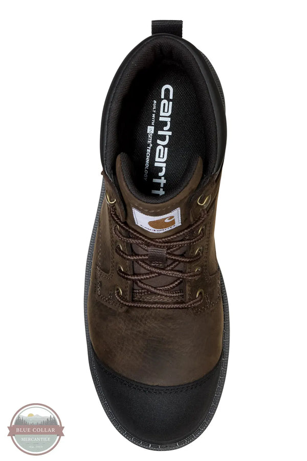 Carhartt FL6330-M Hamilton 6" Waterproof Composite Toe Work Boot in Dark Brown, A top-down view of a brown Carhartt work boot with a black toe cap and black interior lining, shown on a white background with a Blue Collar Warehouse logo in the bottom-left corner.