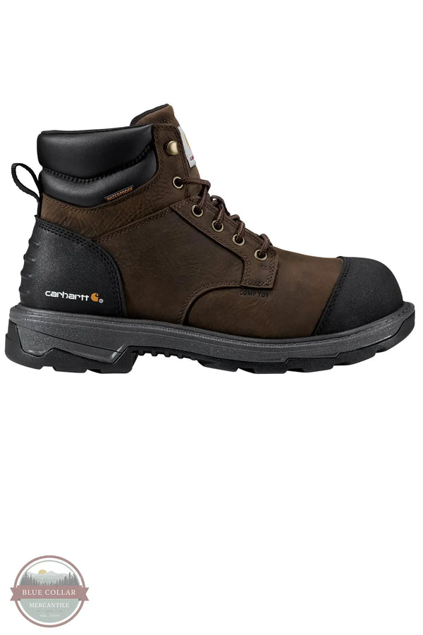 Carhartt FL6330-M Hamilton 6" Waterproof Composite Toe Work Boot in Dark Brown, A brown and black Carhartt work boot shown from the side against a plain white background, featuring a dark brown leather upper, black toe cap, black heel, and black laces.