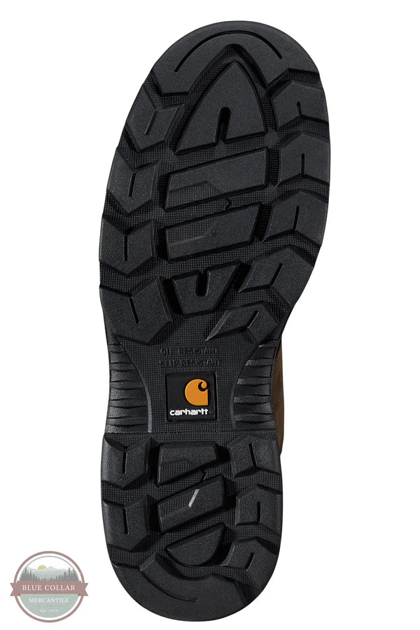Carhartt FL6330-M Hamilton 6" Waterproof Composite Toe Work Boot in Dark Brown, A close-up of a black Carhartt boot sole, showing the deep tread pattern and the orange Carhartt logo in the center, on a white background.