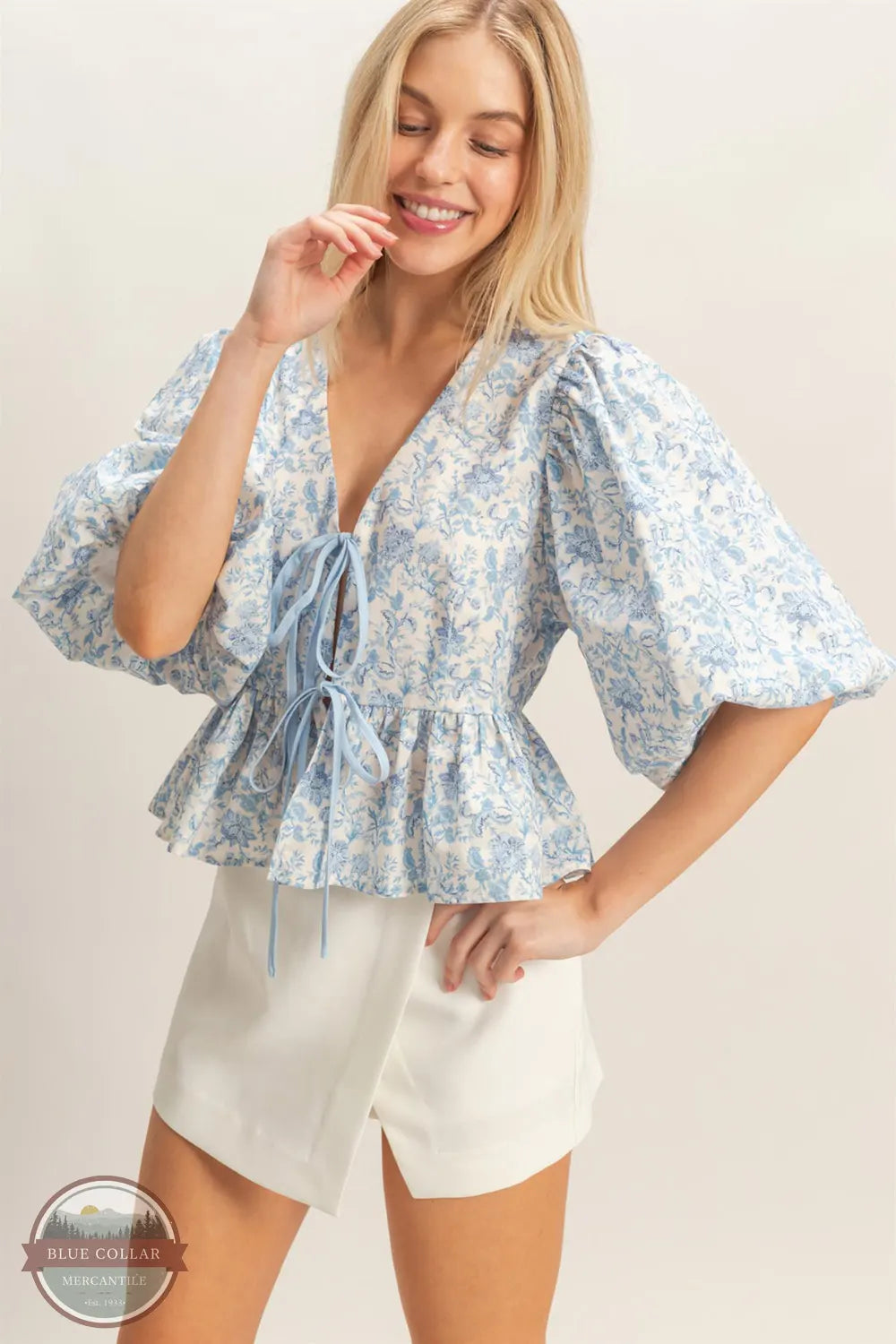 Floral Tie-Front Peplum Blouse | HYFVE Puff Sleeve Top front view