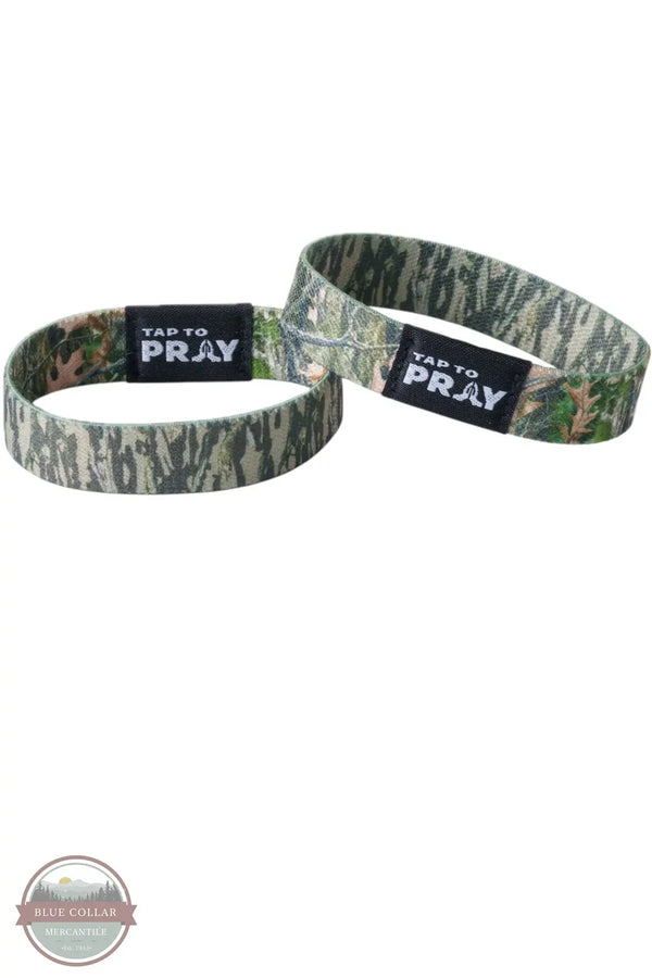 Versible's Forest &amp; Tree Bark Camo Tap To Pray Wristband both sides of reversible wristband shown