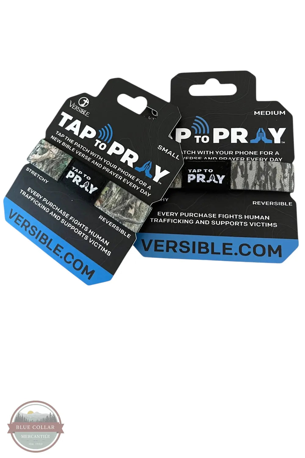 Versible's Forest & Tree Bark Camo Tap To Pray Wristband packaging shown