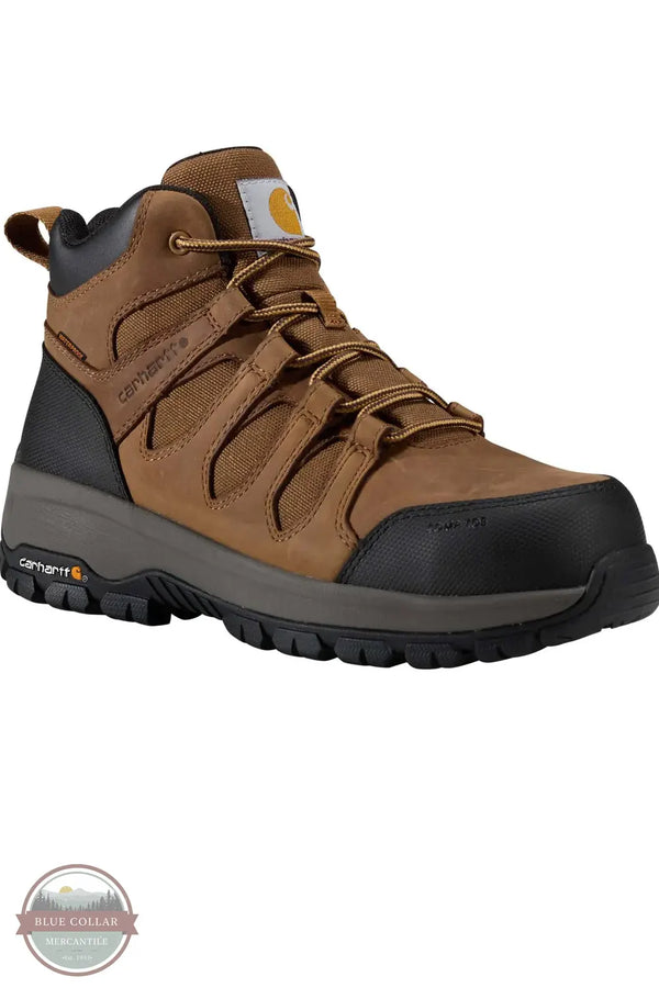 Carhartt FZ5385-M Dearborn Mid Waterproof Composite Toe Work Boot, A brown and black Carhartt high-top work boot with a thick black sole, shown from a three-quarters angle on a white background with a Blue Collar Wholesale watermark in the corner.