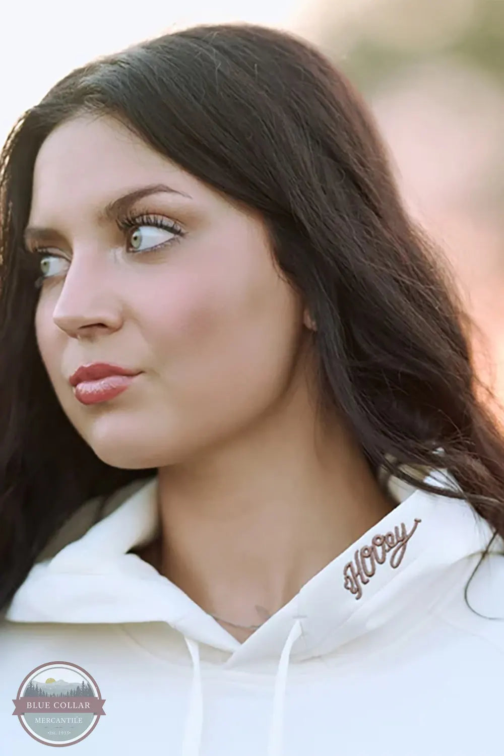 Hooey HH2606CRPR Legendary Cream Horse Print Hoodie embroidered logo on hood shown in detail