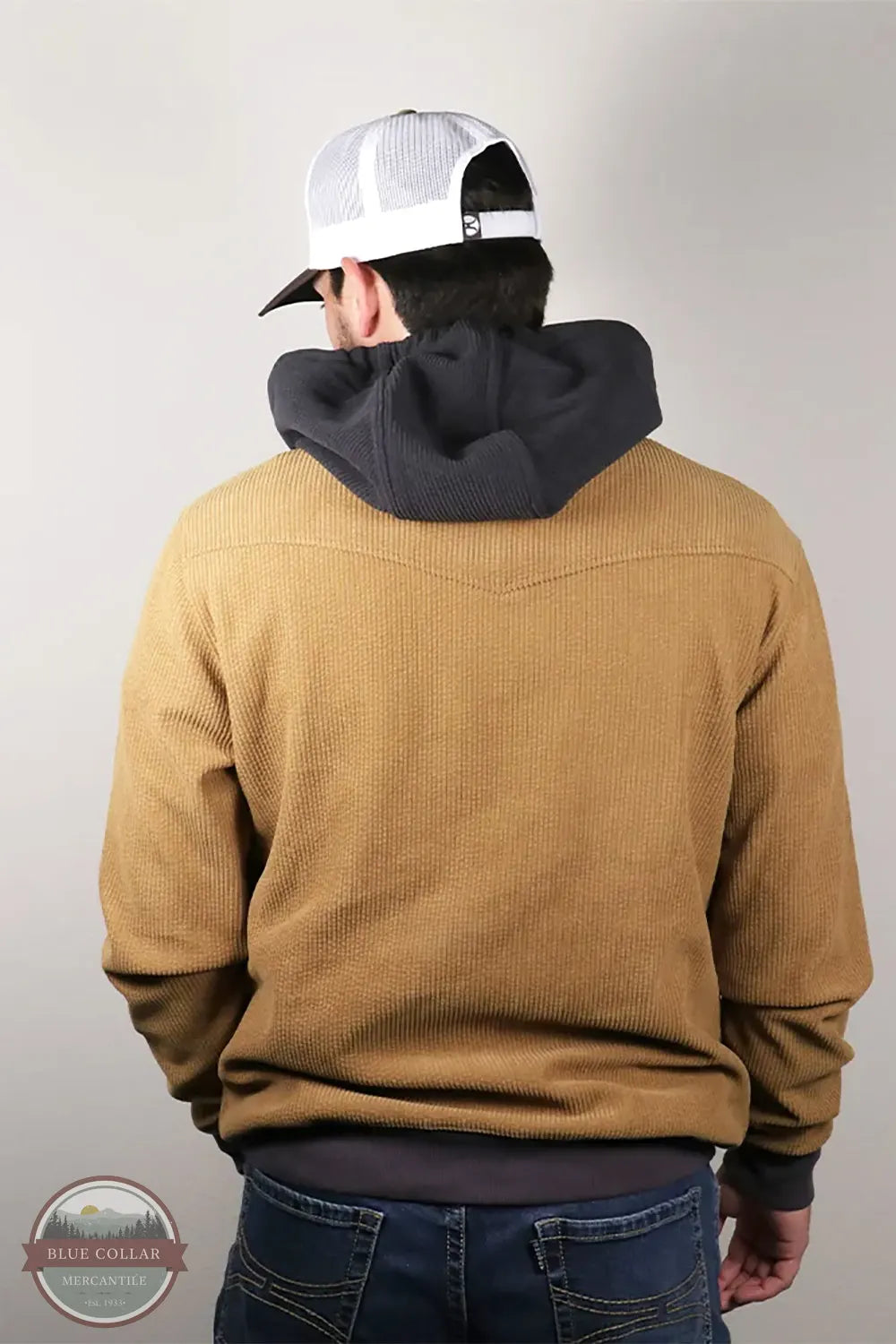 Hooey HH2618BR Cowboy Corduroy Hoodie in Brown/Charcoal on model with ball cap back view