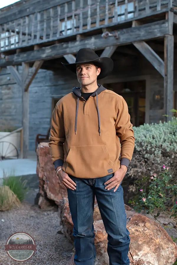 Hooey HH2618BR Cowboy Corduroy Hoodie in Brown/Charcoal on model in western hat