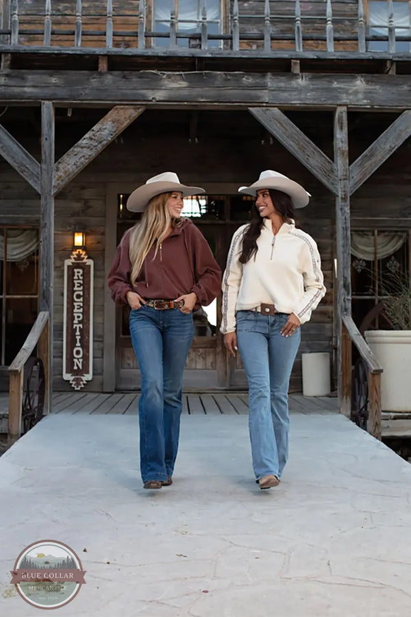 Hooey HH2626MA Cowgirl Corduroy Quarter Zip Hoodie in Maroon models wearing the hoodies