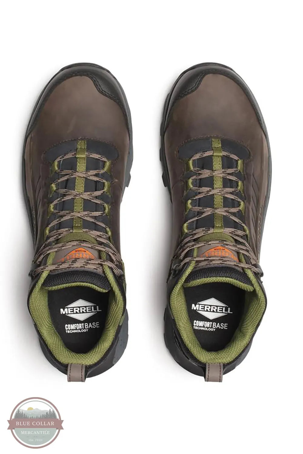 Merrell J007897 Moab Speed 2 LX Mid Waterproof Carbon Fiber Work Boot in Dark Taupe birds eye view of top of shoes