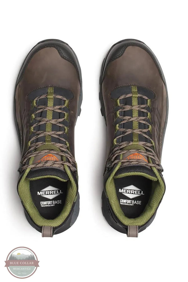 Merrell J007897 Moab Speed 2 LX Mid Waterproof Carbon Fiber Work Boot in Dark Taupe birds eye view of top of shoes