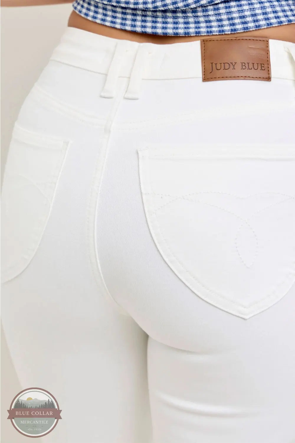 Judy Blue 881081REG High Waisted Tummy Control Flare Jean in White back pocket detail view