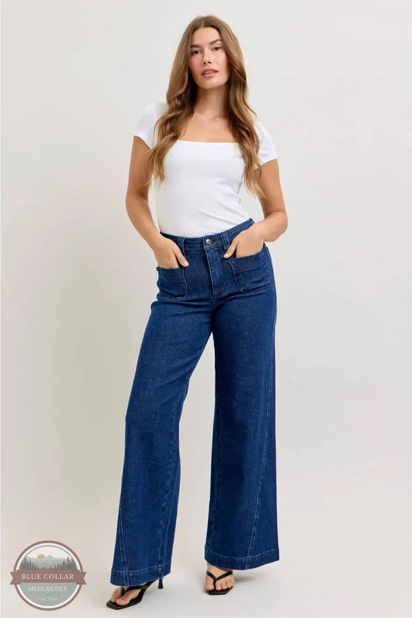 Judy Blue 881092REG High Waisted Twisted Seams Retro Wide Leg Jean model full front view