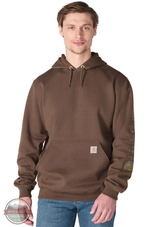 Carhartt Iconic K288-EE^ Loose Fit Midweight Logo Sleeve Hoodie for Fall Shown in Dark Clove Front View