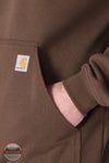 Carhartt Iconic K288-EE6 Loose Fit Midweight Logo Sleeve Hoodie for Fall Shown in Dark Clove kangaroo pocket detaill shown