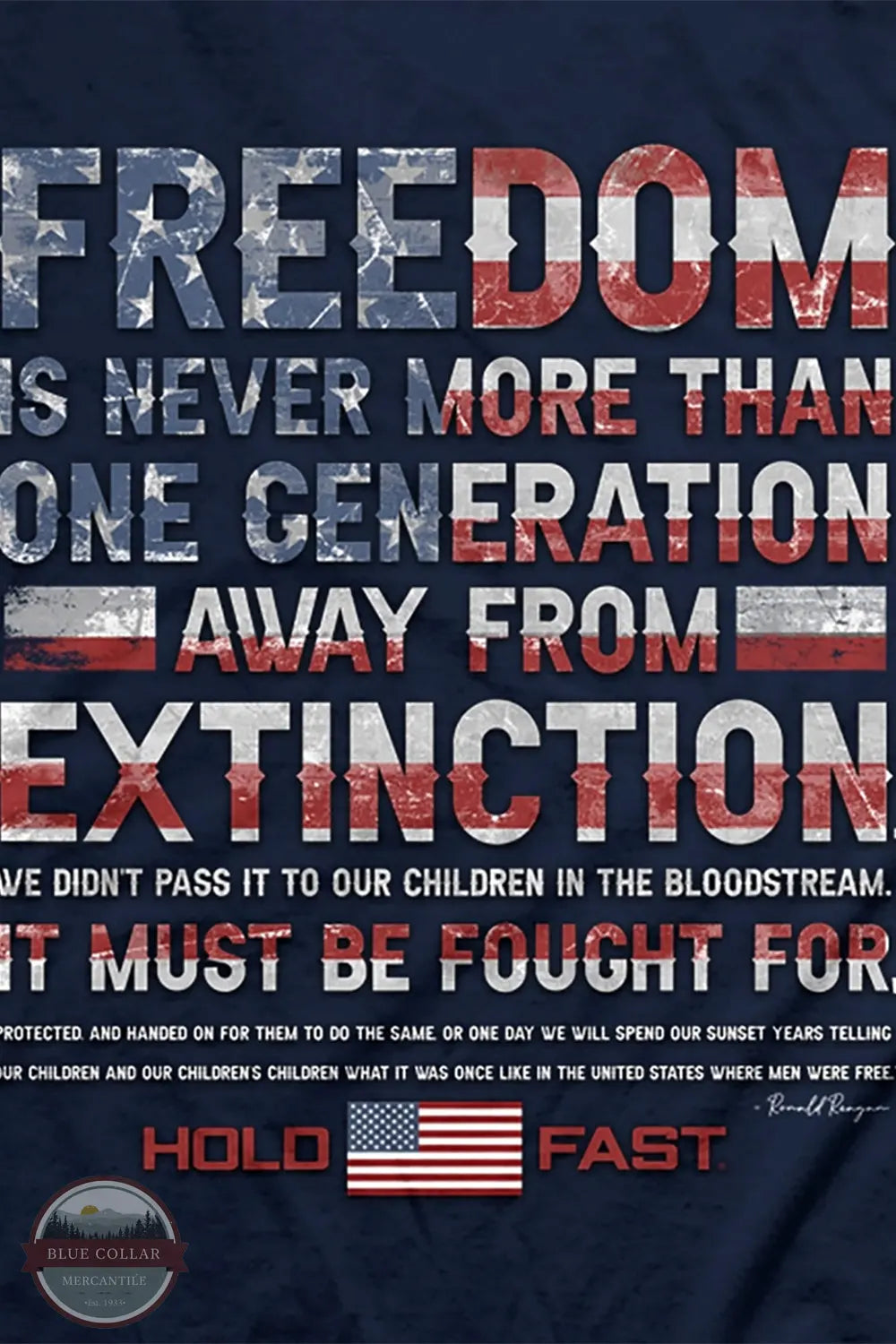 Kerusso KHF4715 Men's Ronald Reagan Freedom Hold Fast T-Shirt close up of back imprint of Ronald Reagan quote