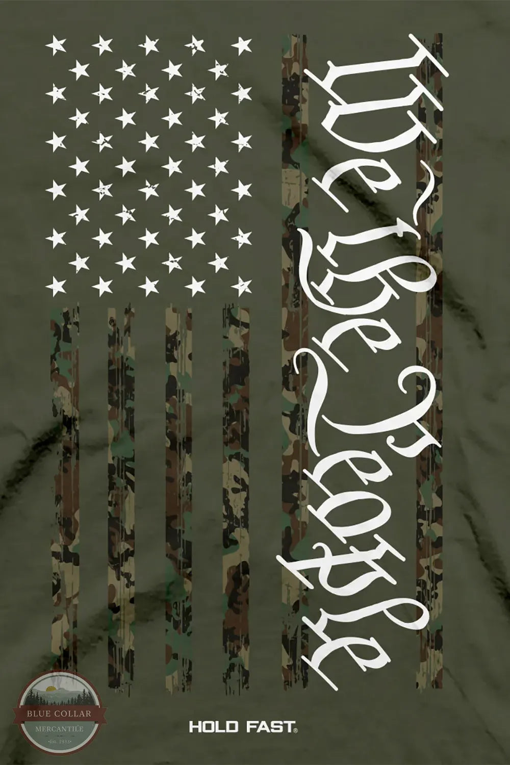 Kerusso KHF4718 Hold Fast Men's We The People Camo Flag T-Shirt in Green close up of main imprint We The People Flag in camo