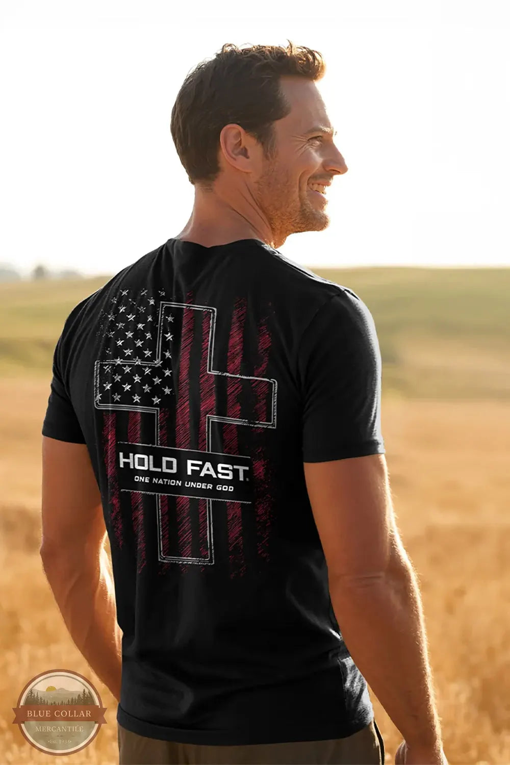 Kerusso Hold Fast Men's One Nation Sketch Flag T-Shirt lifestyle image of man wearing shirt outside