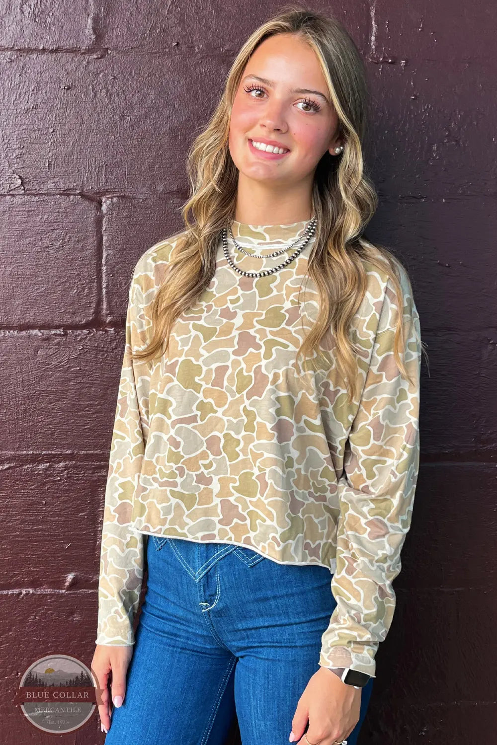 Local Girl L5112000-FCD Boxy Crop Long Sleeve T-Shirt by Local Boy Outfitters — Women's Camo Long Sleeve Crop Top on Emma