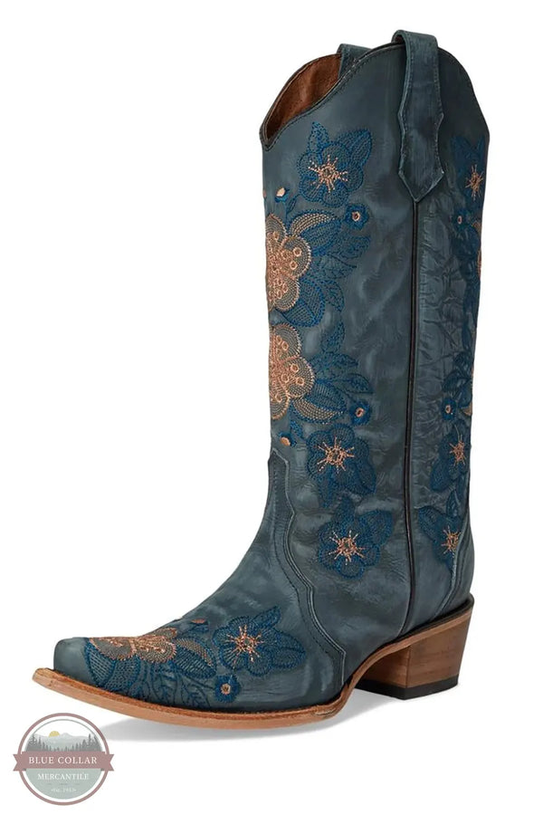 Corral L6210 Blue Floral Embroidered Western Boots side view of 1 boot