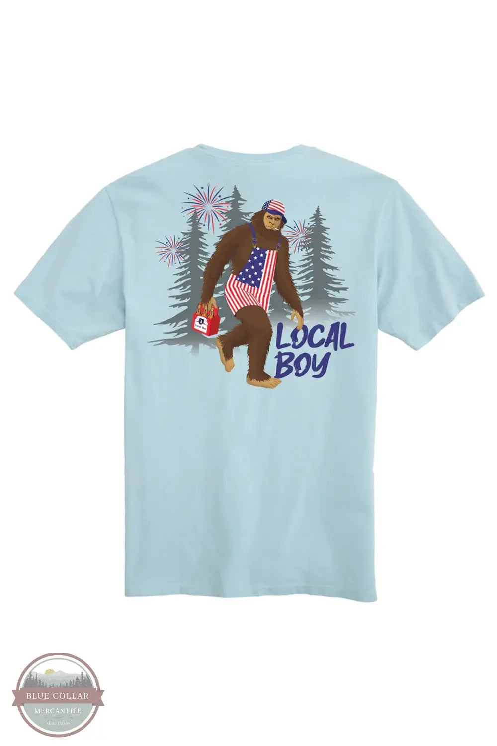 Local Boy Outfitters L1000533 Patriotic Squatch Short Sleeve T-Shirt in Light Blue, rear design