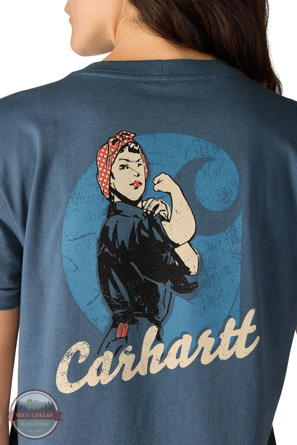 Carhartt 106903 Women's Dearborn Loose Rosie T-Shirt | Loose Fit Heavyweight in Iron Blue showing back imprint of Rosie
