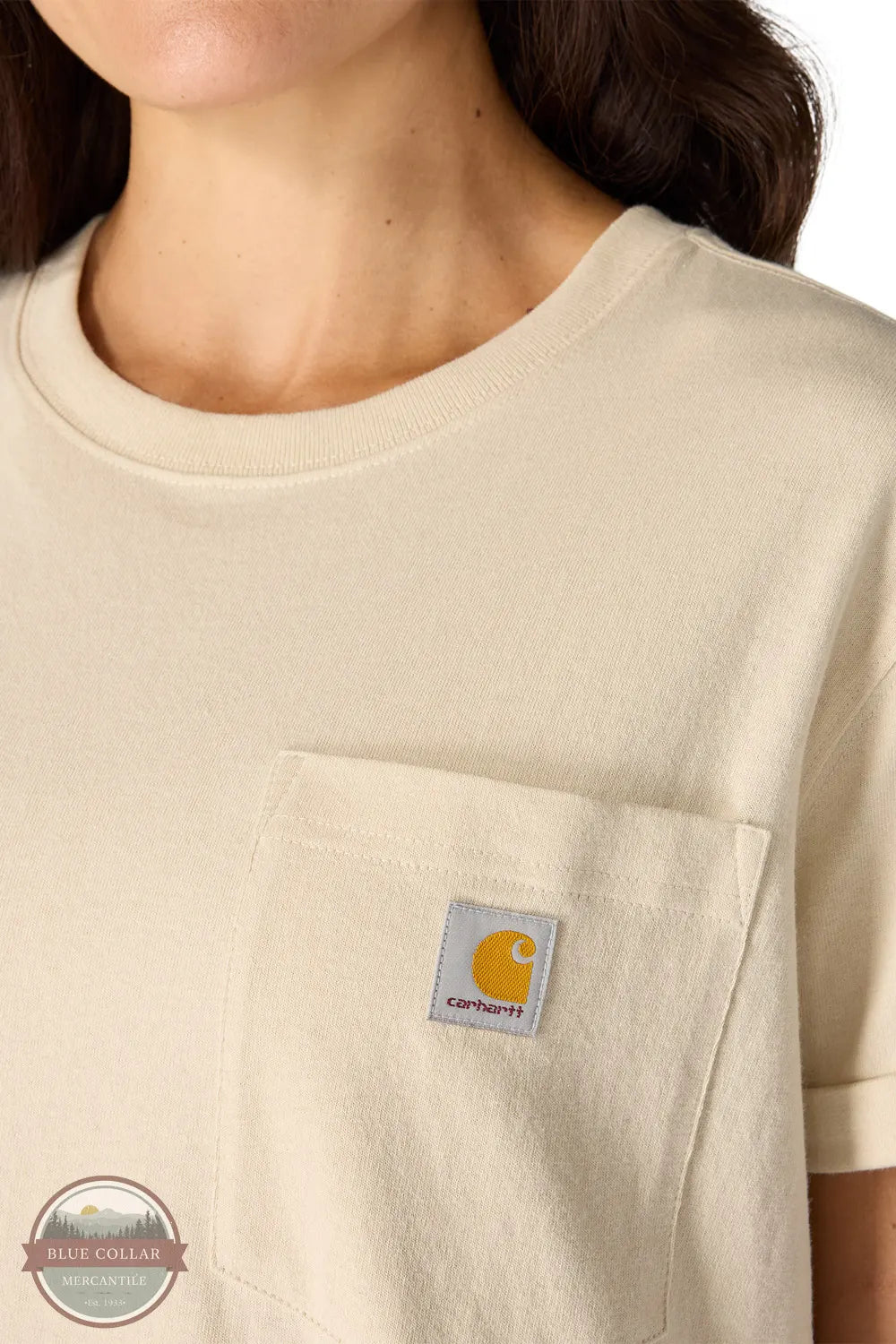 Carhartt 106903 Women's Dearborn Loose Rosie T-Shirt | Loose Fit Heavyweight in oat milk showing close--up of front pocket