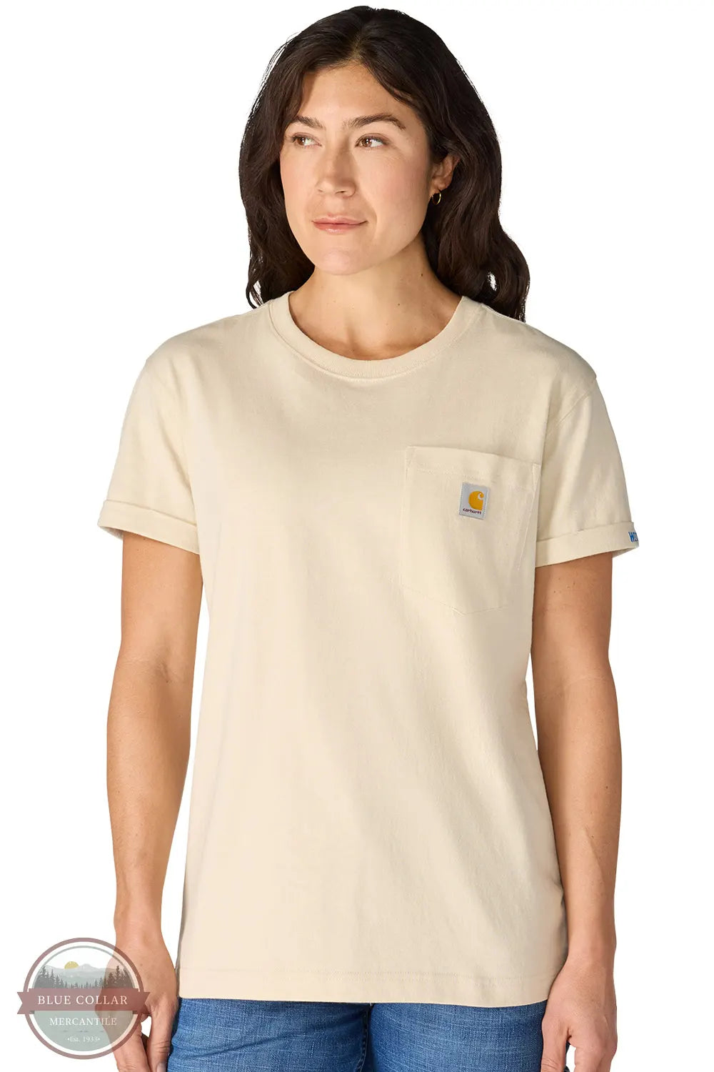Carhartt 106903 Women's Dearborn Loose Rosie T-Shirt | Loose Fit Heavyweight in oat milk showing front on model