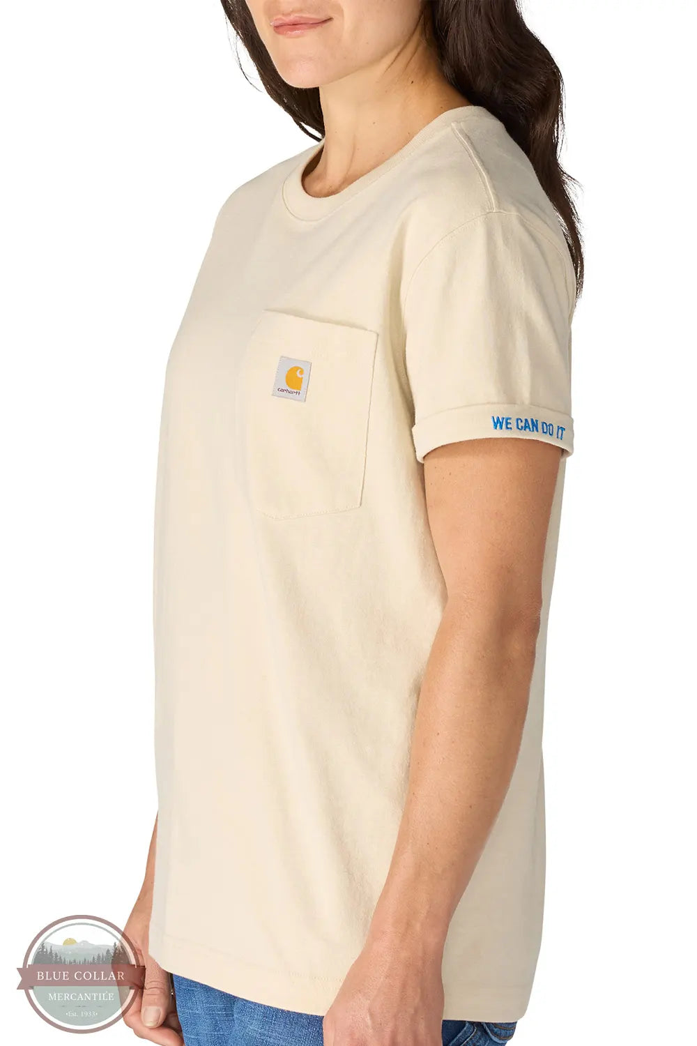 Carhartt 106903 Women's Dearborn Loose Rosie T-Shirt | Loose Fit Heavyweight in oatmilk showing side model with 