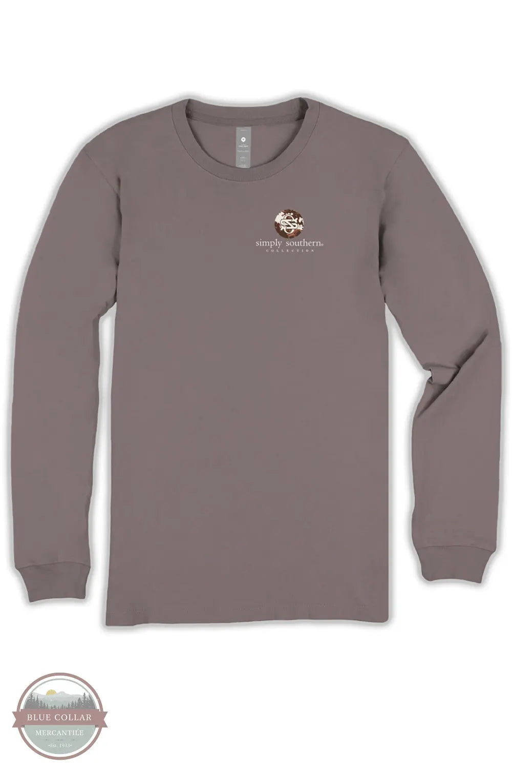 A long-sleeve crewneck t-shirt in a muted taupe-brown color, featuring a small white and brown graphic on the left chest with the text 'simple southern. the southland.
Simply Southern LS-FAITH-DRFTWD Ladies Walk By Faith Long Sleeve T-Shirt