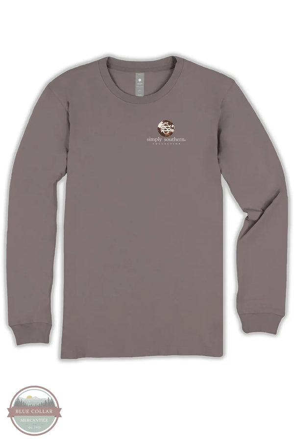 A long-sleeve crewneck t-shirt in a muted taupe-brown color, featuring a small white and brown graphic on the left chest with the text 'simple southern. the southland.
Simply Southern LS-FAITH-DRFTWD Ladies Walk By Faith Long Sleeve T-Shirt