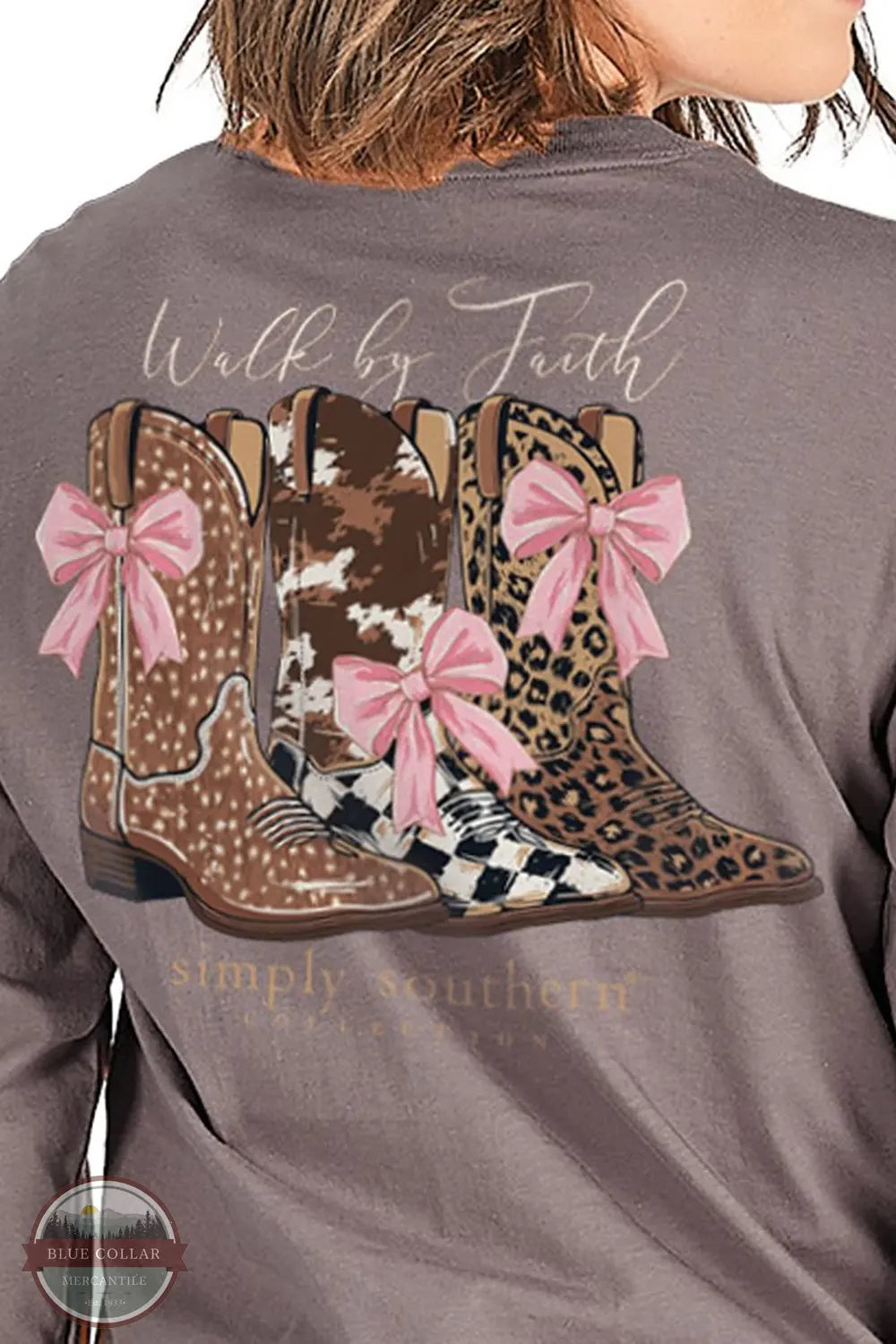 Simply Southern LS-FAITH-DRFTWD Ladies Walk By Faith Long Sleeve T-Shirt on model back view