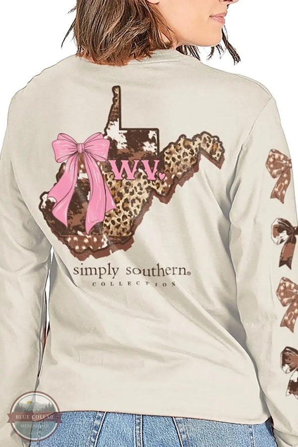 Simply Southern State of WV Animal Print Long Sleeve T-Shirt in Linen Off White shown on model the back imprint
