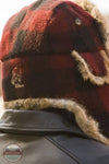 Mad Bomber 305WMP Red Plaid Wool w/Brown Rabbit Fur shows back branding of Mad Bomber